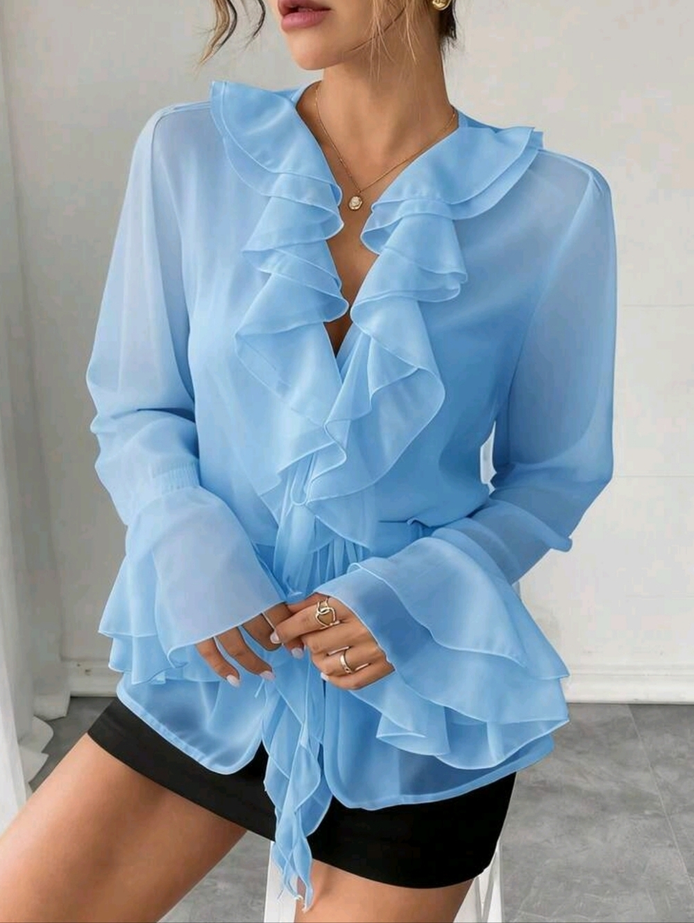 Light Blue Ruffle V-Neck Women's Blouse - Picture 5 of 6